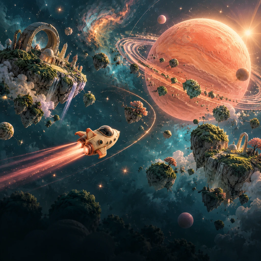 Original space concept artwork of a little courier exploring coral planets and mossy islands