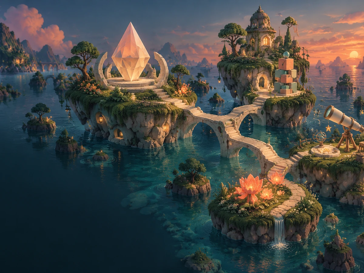 Original concept artwork of small playful worlds linked by a quiet island footbridge